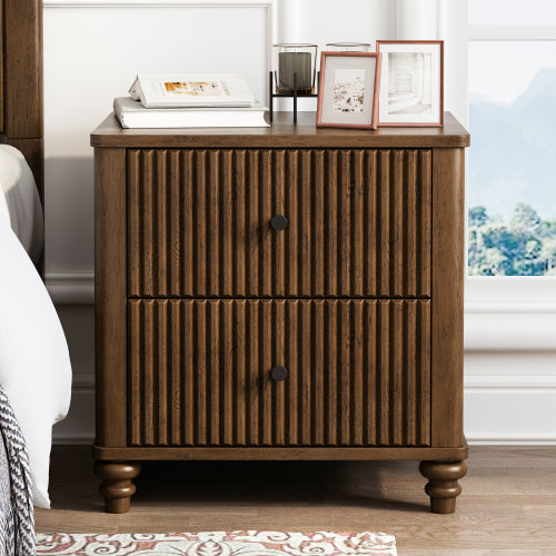 Fluted 3 Drawer Nightstand with Metal Handle, Walnut Mid Century Modern Bedside Table 21.65inch