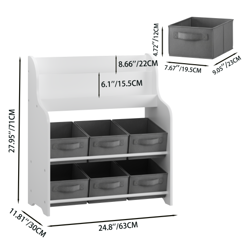 Kids Bookshelf With 6 Fabric Bins Front Display Toy Book Storage Cabinet