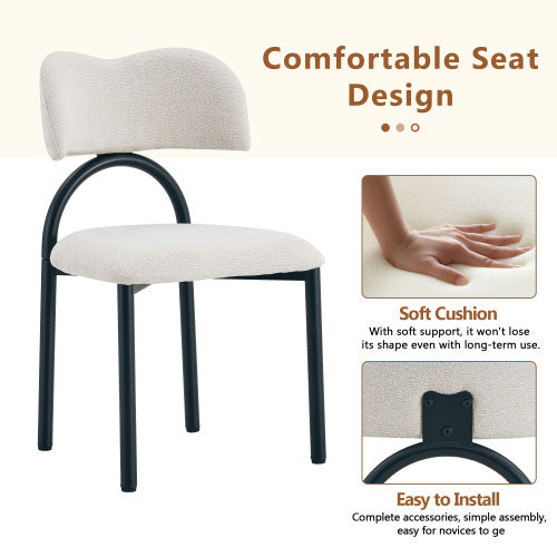Breathable Fabric Dining Chairs with Black Metal Frames, Set of 2, Off White