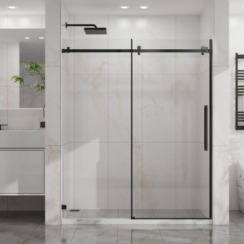 Goodyo 60" W x 72" H Sliding Shower Door, Frameless Sleek Glass Shower Door, 1/4" (6mm) Thick Tempered Clear Glass with Easy-clean Coating, Stainless Steel Hardware, Matte Black