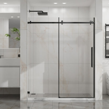 Goodyo 60" W x 72" H Sliding Shower Door, Frameless Sleek Glass Shower Door, 1/4" (6mm) Thick Tempered Clear Glass with Easy-clean Coating, Stainless Steel Hardware, Matte Black