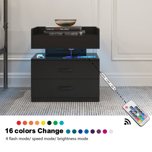 LED Nightstand with Remote Control Light, 2 Sliding Drawers Multi-Functional Side Table
