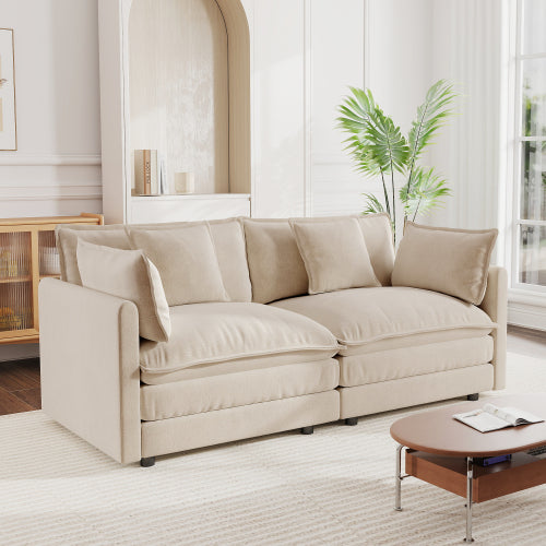 Light-Coffee Chenille Deep-Seat Loveseat Sofa with 4 Throw Pillows
