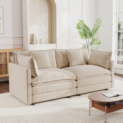 Light-Coffee Chenille Deep-Seat Loveseat Sofa with 4 Throw Pillows