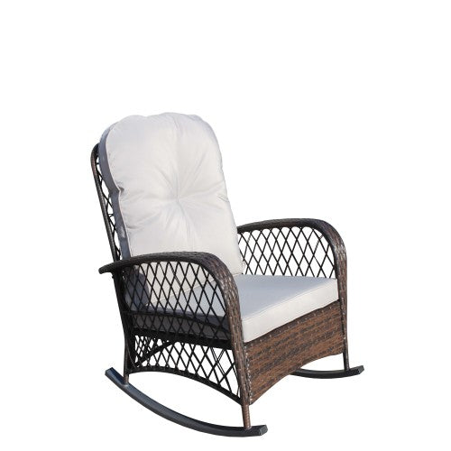 Outdoor Wicker Rocking Chair with Wide Seat, Thick, Soft Cushion, Rattan Rocker w/Steel Frame, High Weight Capacity for Patio, Garden, Backyard, Grey Cushion