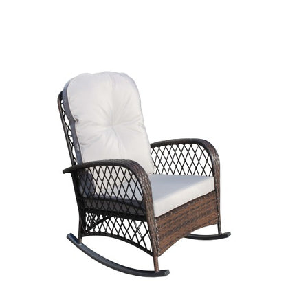 Outdoor Wicker Rocking Chair with Wide Seat, Thick, Soft Cushion, Rattan Rocker w/Steel Frame, High Weight Capacity for Patio, Garden, Backyard, Grey Cushion