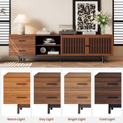 78.7 inch Walnut Slatted Door TV Stand Deep Drawers Solid Rubber Wood Legs Holds 85 inch TV