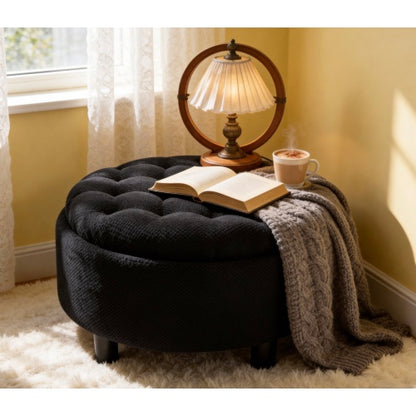 25 Inch Round Storage Ottoman, Black Tufted Fabric