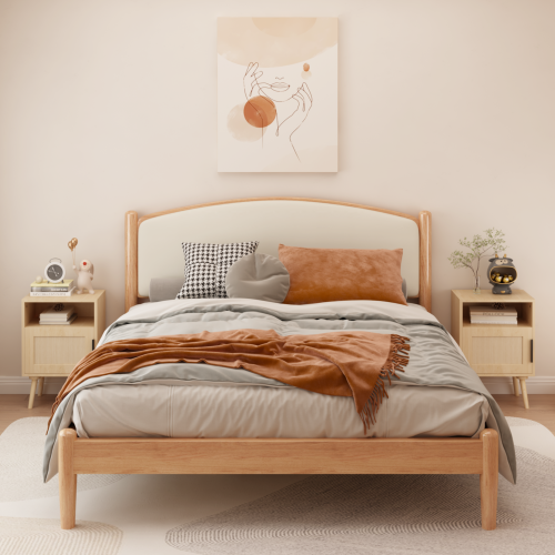 22.83'' H Rattan Nightstand, Side Table with Door Open Shelf,  Accent Bedside End Table with Solid Wood Legs for Bedroom, Dorm and Small Spaces, Oak