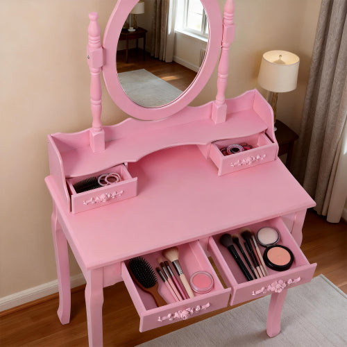Pink Princess Vanity Desk Set with Mirror & Cushioned Stool, 4-Drawer Wooden Makeup Vanity Table for Girls' Bedroom, Dressing Table with Ample Storage