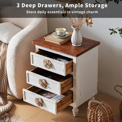 Distressed White 3-Drawer Farmhouse Nightstand
