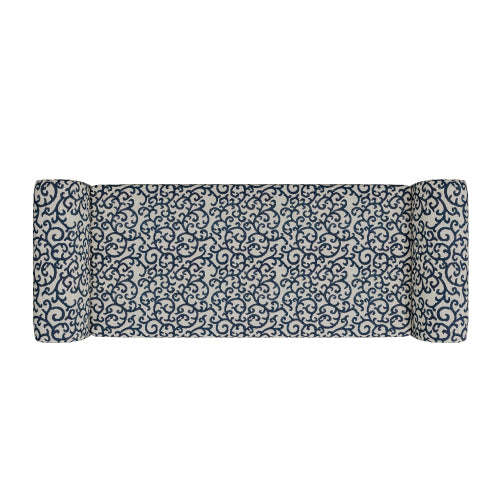Traditional Rolled Arm Storage Bench Ottoman with Pewter Nailhead Trim in Black Curly Vine Pattern with Dark Brown Solid Wood Legs