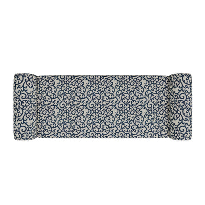 Traditional Rolled Arm Storage Bench Ottoman with Pewter Nailhead Trim in Black Curly Vine Pattern with Dark Brown Solid Wood Legs
