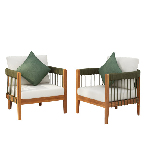 [Set of 2] Acacia Wood Outdoor Club Chair with Handwoven Rope Accents & Curved Backrest
