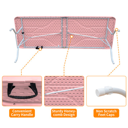 8ft Pink Folding Table, Portable Plastic Table for Camping, Picnics, Parties, High Load Bearing Foldable Table