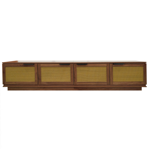 78.74 inch Walnut 4 Door PE Rattan Legless TV Stand Large Hidden Storage Media Console For 85 inch TV