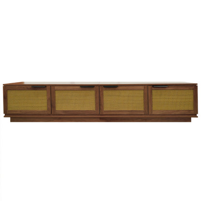 78.74 inch Walnut 4 Door PE Rattan Legless TV Stand Large Hidden Storage Media Console For 85 inch TV