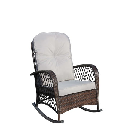 Outdoor Wicker Rocking Chair with Wide Seat, Thick, Soft Cushion, Rattan Rocker w/Steel Frame, High Weight Capacity for Patio, Garden, Backyard, Grey Cushion