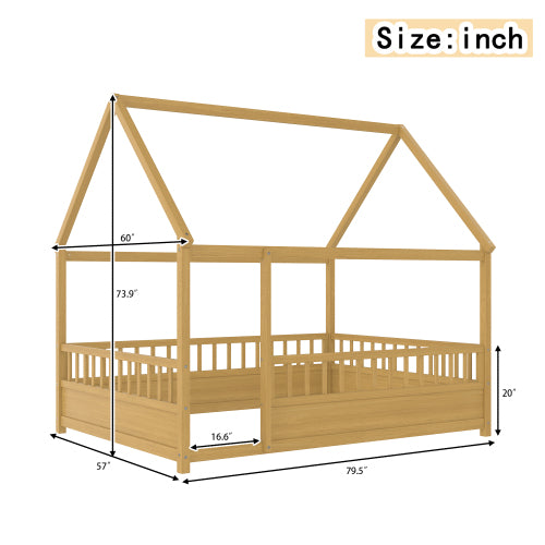 Full Size Floor Wooden Bed with House Roof Frame, Fence Guardrails(Full,Natural)