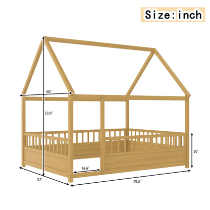 Full Size Floor Wooden Bed with House Roof Frame, Fence Guardrails(Full,Natural)