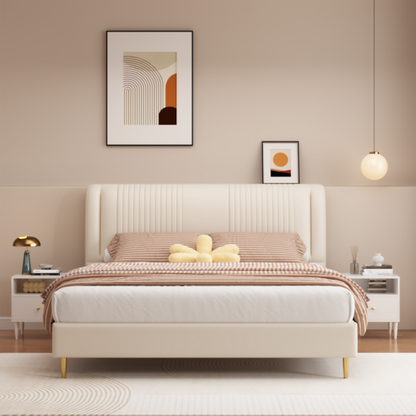 Modern White Nightstand with Drawer and Open Shelf, Bedside Table with Gold Knob, Solid Wood Legs, Small End Table for Bedroom, Living Room