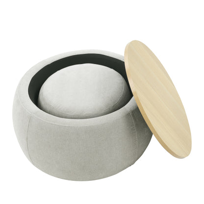 Light Grey Round Pleated Fabric Storage Ottoman with Built-In Stool, 25 inch x25 inch x14.7 inch, 250 LBS Weight Capacity