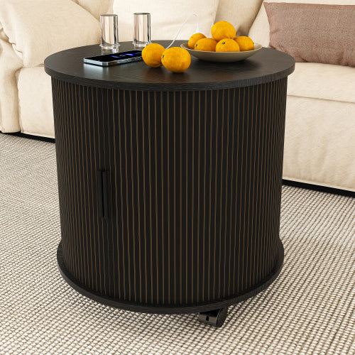 Black Cylinder Nightstand, Mid-Century Round End Table with Charging Station & 2-Tier Storage