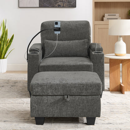 Gray Manual-Adjust Recliner Chair with USB, Storage & Ottoman