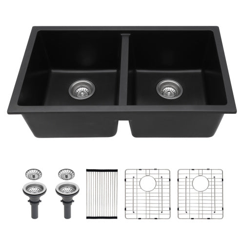 Quartz Kitchen Sink - 33" x 19" x 10.33" Black granite composite undermount kitchen sink Double Bowl