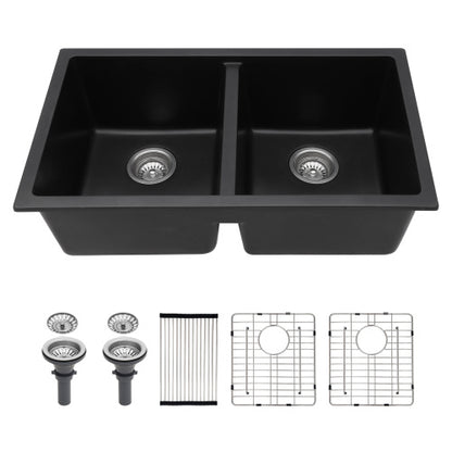 Quartz Kitchen Sink - 33" x 19" x 10.33" Black granite composite undermount kitchen sink Double Bowl