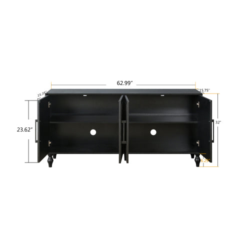 Black Carved Flower Door Storage Cabinet Metal Handle Large Hall Console TV Stand