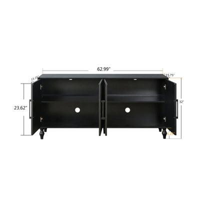 Black Carved Flower Door Storage Cabinet Metal Handle Large Hall Console TV Stand