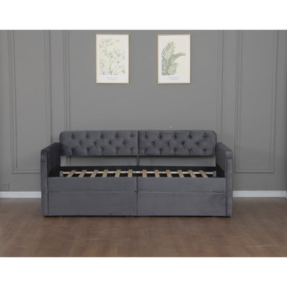 Twin Size Upholstered Daybed with 2 Storage Drawers and USB Charging Design, Velvet Upholstered Daybed Frame, Twin Sofa Bed for Living Room Bedroom, No Box Spring Needed,Plush Velvet Fabric