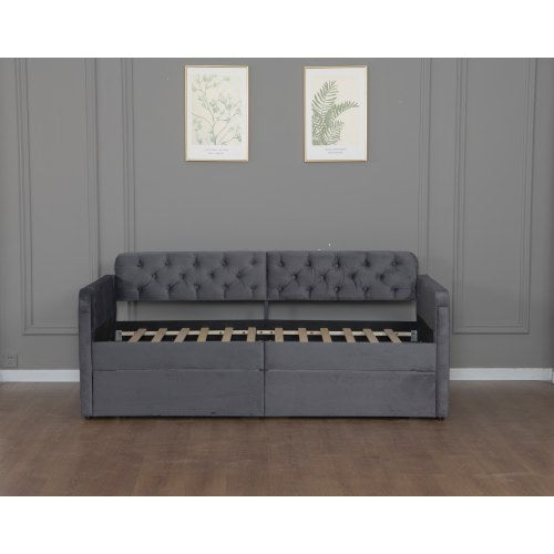 Twin Size Upholstered Daybed with 2 Storage Drawers and USB Charging Design, Velvet Upholstered Daybed Frame, Twin Sofa Bed for Living Room Bedroom, No Box Spring Needed,Plush Velvet Fabric