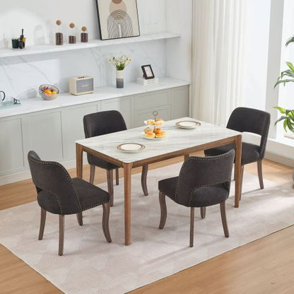 Set of 2 Black Hollow Back Fabric Dining Chairs, Curved Solid Wood Legs With Handmade Copper Nails