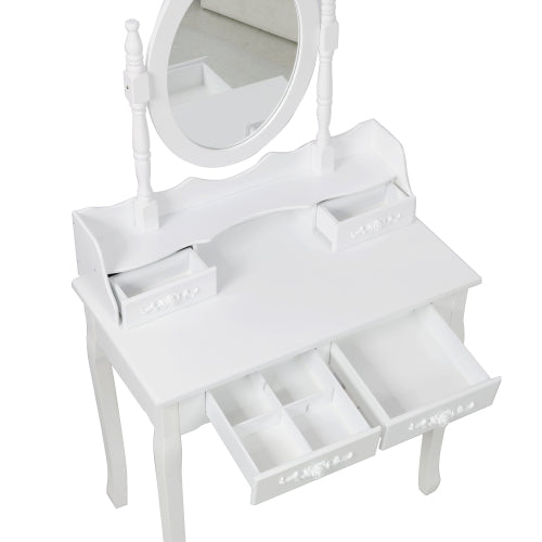 White Princess Vanity Desk Set with Mirror & Cushioned Stool, 4-Drawer Wooden Makeup Vanity Table for Girls' Bedroom, Dressing Table with Ample Storage