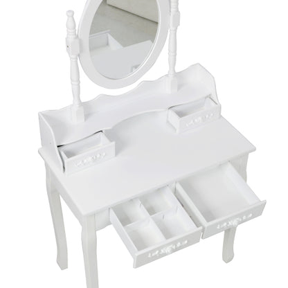White Princess Vanity Desk Set with Mirror & Cushioned Stool, 4-Drawer Wooden Makeup Vanity Table for Girls' Bedroom, Dressing Table with Ample Storage