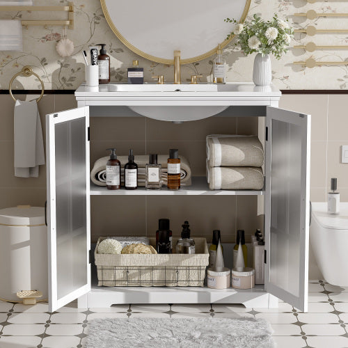 30" Modern Bathroom Vanity with Ceramic Sink, Bathroom Vanity Cabinet with Tempered Blurred Glass and Matte Black Handles, Equipped with Large Storage Space and Rubber Wood Frame, White