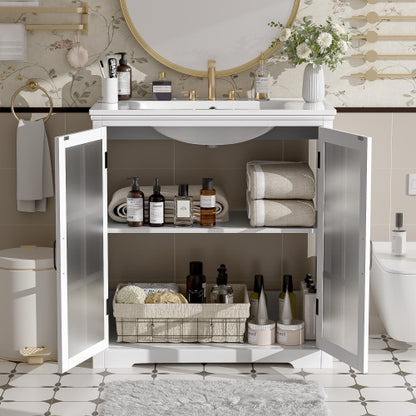 30" Modern Bathroom Vanity with Ceramic Sink, Bathroom Vanity Cabinet with Tempered Blurred Glass and Matte Black Handles, Equipped with Large Storage Space and Rubber Wood Frame, White