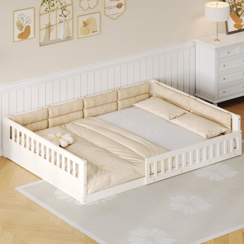 Wood Full Size Upholstered Platform Bed with Guardrail and Pillow, Beige