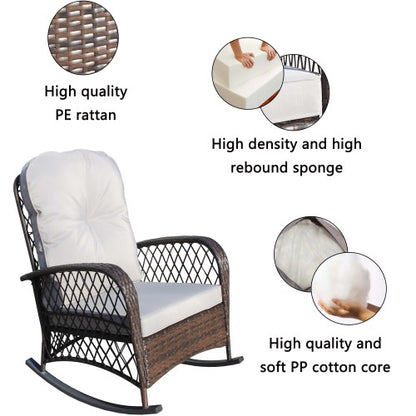 Outdoor Wicker Rocking Chair with Wide Seat, Thick, Soft Cushion, Rattan Rocker w/Steel Frame, High Weight Capacity for Patio, Garden, Backyard, Grey Cushion