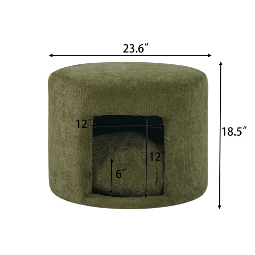 23.6 inch Round Green Pet Friendly Ottoman with Hidden Pet Nook, Acacia Wood Legs, 220 LBS Loading Capacity