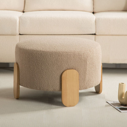 24.8 inch Round Soft Fabric Ottoman, Natural Wood Leg Multifunctional Footrest Extra Seat for Home Office