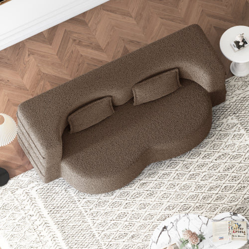 Brown Convertible Sherpa-Fleece Full-Size Floor Sofa-Bed 15 inch  Height with 2 Pillows No-Assembly
