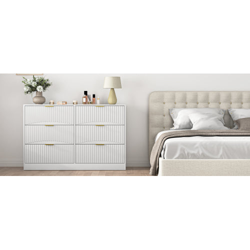 Modern 6-Drawer Dresser, Chest of Drawers for Bedroom, Living Room, Hallway, and Entryway - Large Storage Cabinet, White,Drawer panel with wavy patterns
