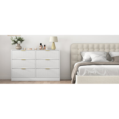 Modern 6-Drawer Dresser, Chest of Drawers for Bedroom, Living Room, Hallway, and Entryway - Large Storage Cabinet, White,Drawer panel with wavy patterns