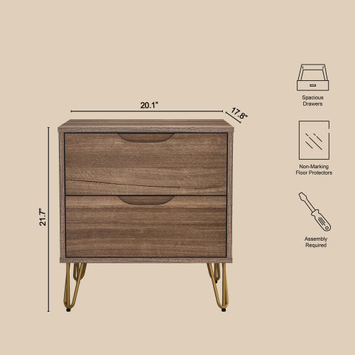 Brown Modern Nightstand, 2 Drawers & Metal Legs
