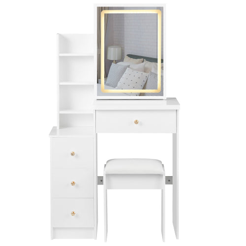 29.2inch  Small Size Left Bedside Cabinet LED Mirror Vanity Table + Cushioned Stool, Large Sliding, Touch Control, 3-color Switch, Brightness Adjust Mirror, High Capacity Storage, EPA, GCC, UL Certificate