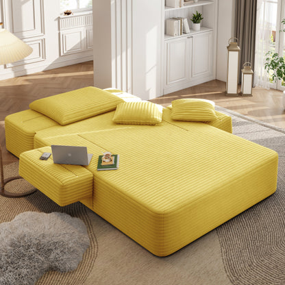 Oversized Yellow Corduroy Convertible Sofa Bed w/Storage Pockets