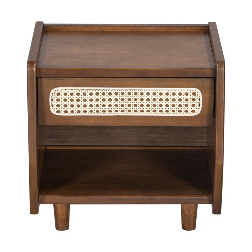 Walnut Nightstand with Rattan Detail, MDF + Solid Wood, Modern Bedroom Storage, Open Shelf & Drawer, Indoor Furniture